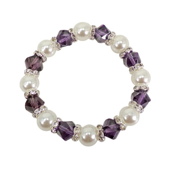 Purple glass and pearl bead stretch bracelet with crystals. Fashion bracelet - Picture 1 of 8